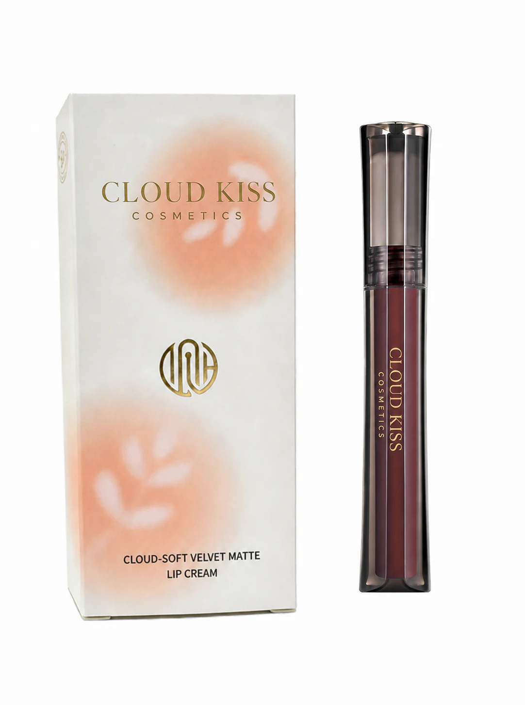 Midnight Passion Cloud-Soft Velvet Matte Lip Cream beside its Cloud Kiss Cosmetics box