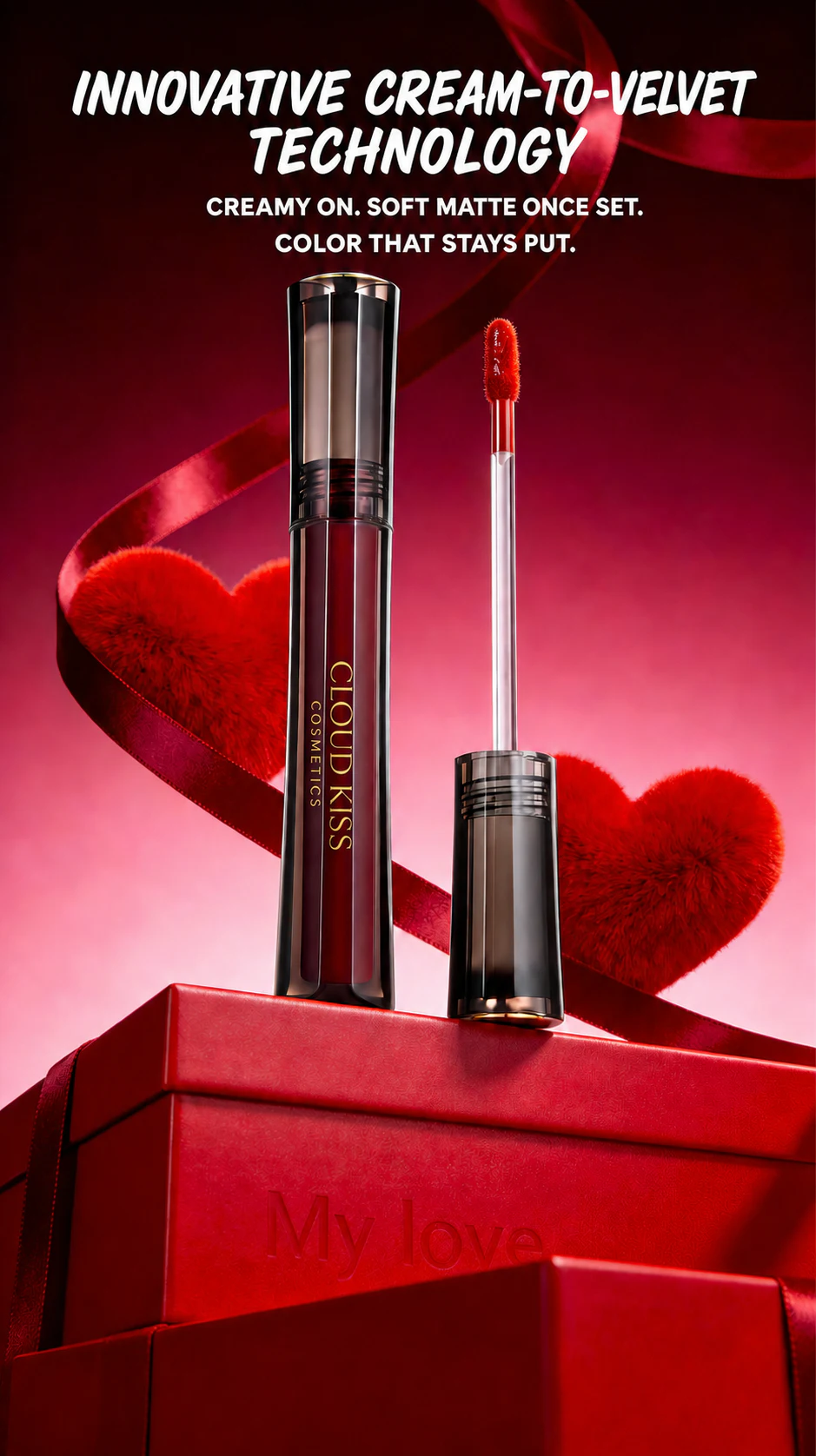 Midnight Passion tube and applicator in a romantic red setting
