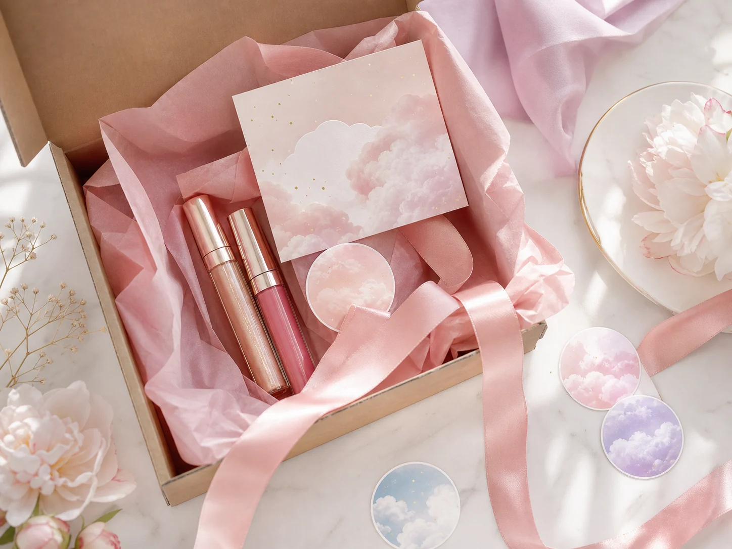 Cloud Kiss packaging experience placeholder with tissue paper, gloss tubes, stickers, and gift details